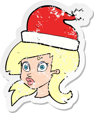 Bir insan tarafından çizilmiş noel şapkası giyen bir karikatür kadının sıkıntılı retro çıkartması.