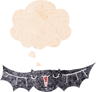 Düşünce baloncuklu karikatür yarasası grunge sıkıntılı retro desen bir insan tarafından çizilmiş