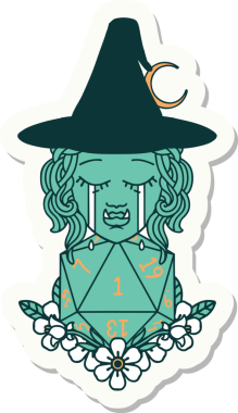 Ağlayan yarı ork bir cadının çıkartması. Bir insan tarafından çizilmiş doğal bir D20 zarlı.