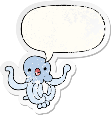 Konuşma baloncuklu çizgi film denizanası bir insan tarafından çizilmiş sıkıntılı eski bir çıkartma