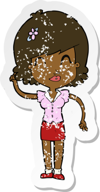 Bir insan tarafından çizilmiş, karikatürlü, kederli, güzel bir kadının retro yapıştırması.