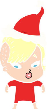 Bir insan tarafından çizilmiş Noel Baba şapkası giymiş şaşırmış bir kızın el çizimi düz bir resim.