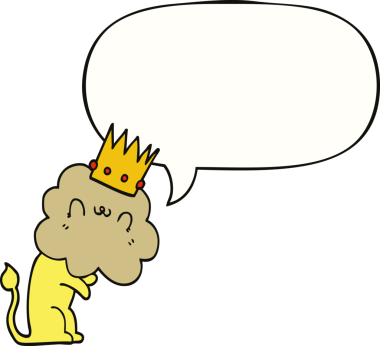 Bir insan tarafından çizilmiş konuşma baloncuklu taç takmış çizgi film aslanı.