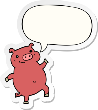 Bir insan tarafından çizilmiş konuşma balonu çıkartmalı dans eden domuz.