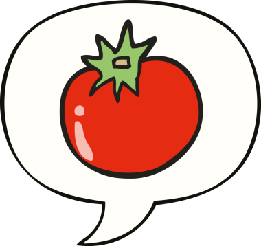 Bir insan tarafından çizilmiş konuşma baloncuklu domates.