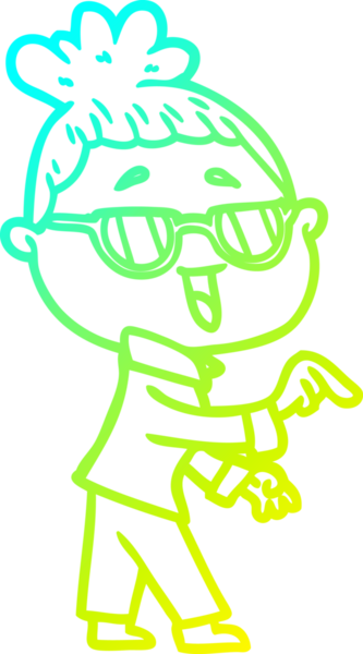 Bir insan tarafından çizilmiş gözlük takan mutlu bir kadının çizgi film çizimi.