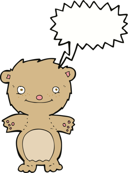 Bir insan tarafından çizilmiş konuşma balonlu küçük mutlu oyuncak ayı.