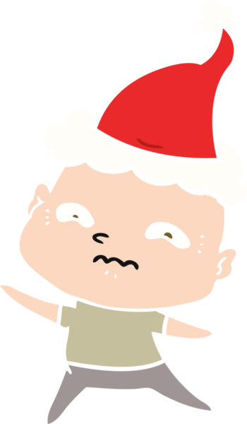 Bir insan tarafından çizilmiş Noel Baba şapkası giyen gergin bir adamın düz renkli çizimi.