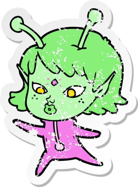 Bir insan tarafından çizilmiş güzel uzaylı bir kızın sıkıntılı çıkartması.