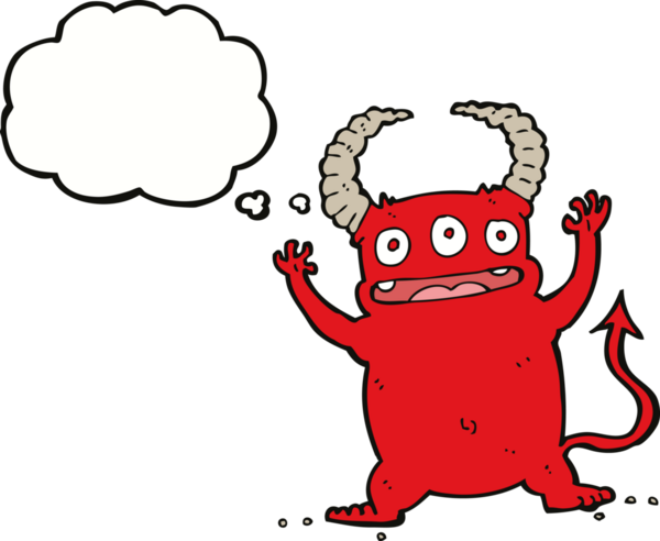 Bir insan tarafından çizilmiş düşünce baloncuğu olan küçük bir şeytan.