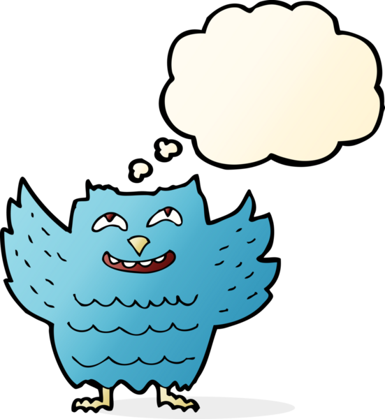 Bir insan tarafından çizilmiş düşünce baloncuklu mutlu baykuş.