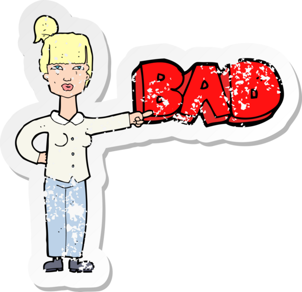 Bir insan tarafından çizilen kötü şeylere dikkat çeken karikatürlü bir kadının gerilimli çıkartması.