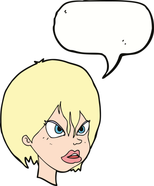 Bir insan tarafından çizilmiş konuşma baloncuğuyla rahatsız bir kadın.