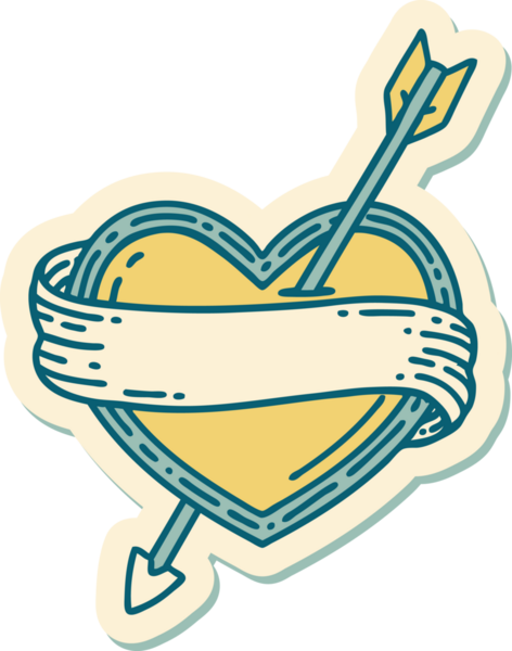 Bir insan tarafından çizilmiş ok kalp ve pankartın geleneksel stiliyle dövme çıkartması.