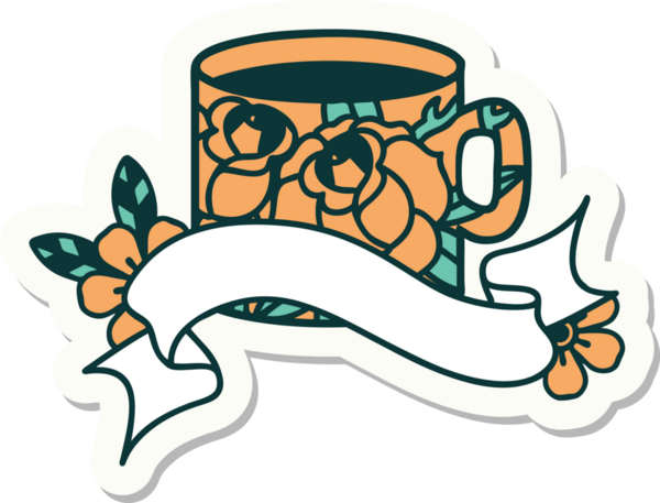 Bir fincanın pankartıyla dövme stili çıkartması ve bir insanın çizdiği çiçekler