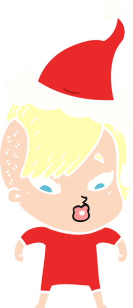 Bir insan tarafından çizilmiş Noel Baba şapkası giymiş şaşırmış bir kızın el çizimi düz bir resim.