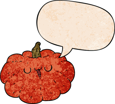 Bir insan tarafından çizilmiş eski moda konuşma baloncuklu mutlu çizgi film balkabağı.