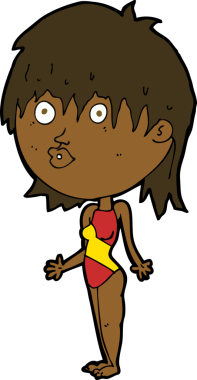 Bir insan tarafından çizilmiş mayolu bir kadın omuzlarını silkiyor.