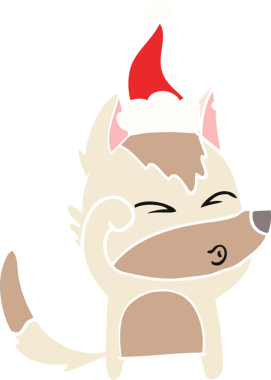 Bir insanın çizdiği Noel Baba şapkasıyla somurtan bir kurdun el resmi.