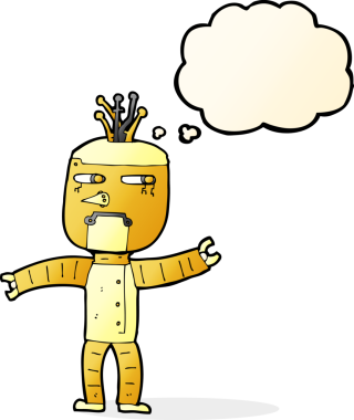 Bir insan tarafından çizilmiş düşünce baloncuklu çizgi film robotu