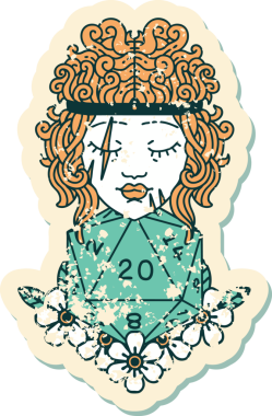 Bir insan tarafından çizilmiş doğal yirmi zarlı insan barbarının grunge sticker 'ı.