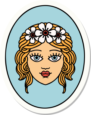 Geleneksel bir dövme stili. Çiçekten taç takmış bir kız. Bir insan tarafından çizilmiş.