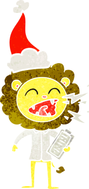 Bir insan tarafından çizilmiş Noel Baba şapkası giyen kükreyen bir aslan doktorun el çizimi karikatürü