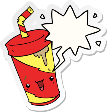 Bir insan tarafından çizilmiş konuşma kabarcığı çıkartmalı tatlı bir karikatür soda.