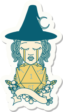 Bir insan cadısının çıkartması. Bir insan tarafından çizilmiş doğal bir D20 rulo.