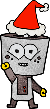 Mutlu el çizimi robot el sallaması bir insan tarafından çizilmiş Noel Baba şapkası.