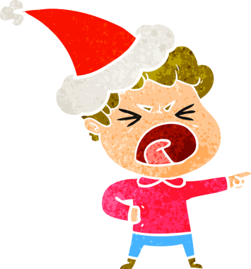 Bir insan tarafından çizilmiş Noel Baba şapkası giyen öfkeli bir adamın el çizimi karikatürü.