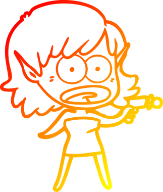 Bir insan tarafından çizilmiş ışın tabancasıyla şok olmuş bir uzaylı kızın çizgi çizimi.