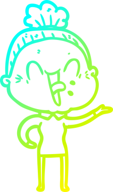 Bir insan tarafından çizilmiş, mutlu, yaşlı bir kadının çizimi.