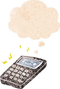 bir insan tarafından çizilmiş grunge sıkıntılı retro biçimli düşünce baloncuklu çizgi film hesap makinesi