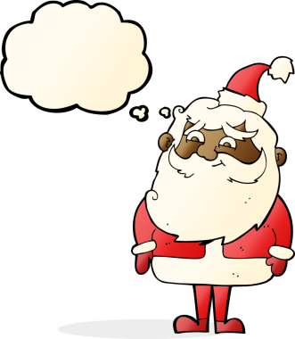 Bir insan tarafından çizilmiş düşünce baloncuklu Noel Baba çizgi filmi.