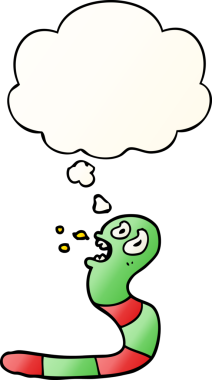 Bir insan tarafından çizilmiş yumuşak eğimli düşünce baloncuklu karikatür korkmuş solucan.