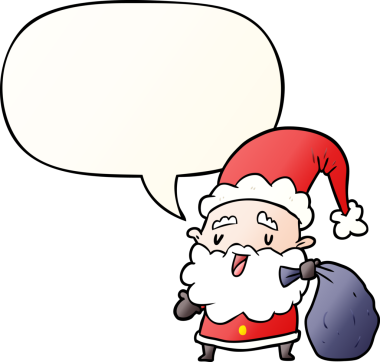 Çizgi film Noel Baba bir insan tarafından çizilmiş konuşma baloncuğuyla hediyeler taşıyor.