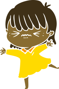 Bir insan tarafından çizilmiş düz renkli çizgi film kızı.