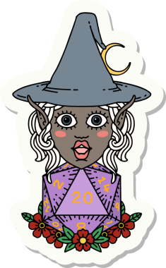 Bir insan tarafından çizilmiş doğal yirmi zarlı elf büyücü karakterinin çıkartması.