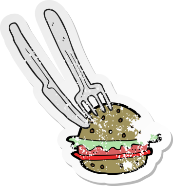 Çizgi film bıçağı ve bir insan tarafından çizilmiş çatallı hamburgerin gerilimli yapıştırması.