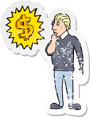 Bir insan tarafından çizilmiş para kazanma karikatürünün sıkıntılı retro yapıştırması