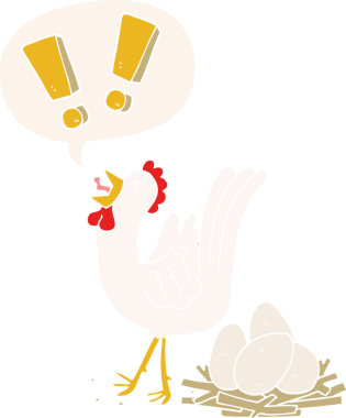 Çizgi film tavuğu, insan tarafından çizilmiş, konuşma baloncuğuyla yumurtluyor.