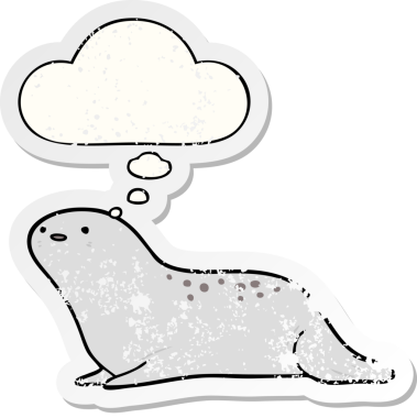 Düşünce baloncuklu karikatür mührü bir insan tarafından çizilmiş yıpranmış bir çıkartma gibi.