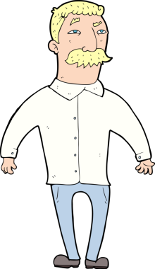 Bir insan tarafından çizilmiş bıyıklı bir çizgi film adamı.