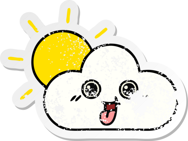 Tatlı bir çizgi film güneşinin sıkıntılı çıkartması ve bir insan tarafından çizilmiş bulut.