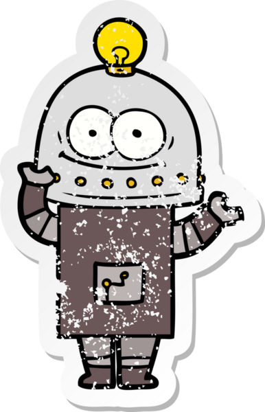 Bir insan tarafından çizilmiş ampullü mutlu bir robot çıkartması.