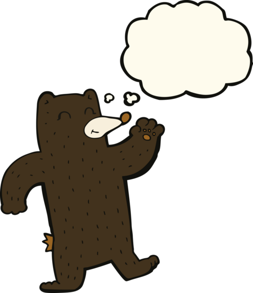 Bir insan tarafından çizilmiş düşünce balonlu siyah ayı sallayan çizgi film.