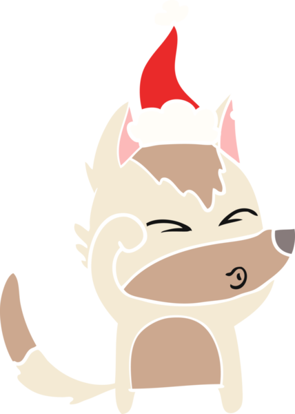 Bir insanın çizdiği Noel Baba şapkasıyla somurtan bir kurdun el resmi.