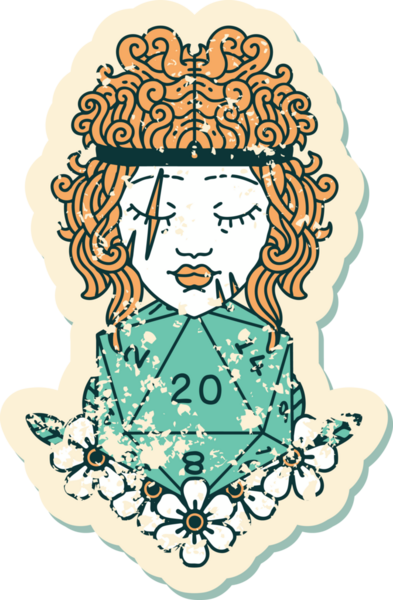 Bir insan tarafından çizilmiş doğal yirmi zarlı insan barbarının grunge sticker 'ı.