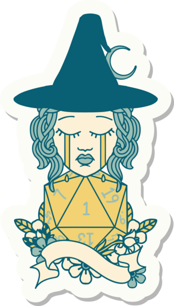 Bir insan cadısının çıkartması. Bir insan tarafından çizilmiş doğal bir D20 rulo.